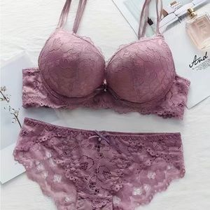 Contrast Lace Bras & Panties, Double Straps Push Up Bras & Hollow Bikini Panties